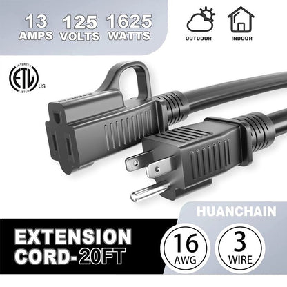 HUANCHAIN Indoor Outdoor Green Extension Cord 20 ft Waterproof, 16/3 Gauge Flexible Cold-Resistant Appliance Extension Cord Outside, 13A 1625W 16AWG SJTW, 3 Prong Electric Cord, ETL