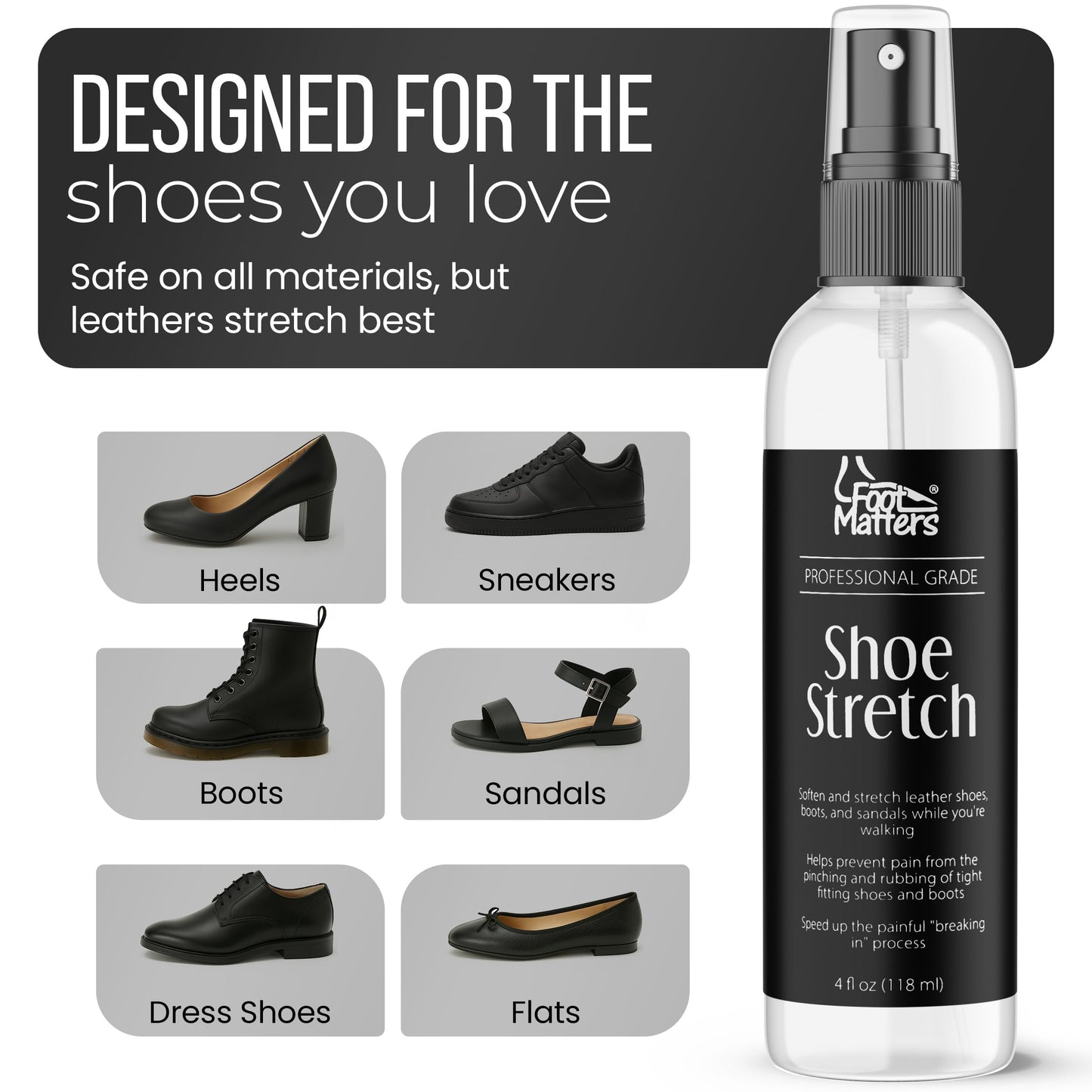 FootMatters Professional Boot & Shoe Stretch Spray – Softener for Leather, Suede, Nubuck, Canvas – 4 oz