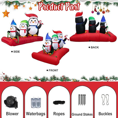 5.1 FT Christmas Inflatables Penguin Family On Sled Scene, Blow up Penguin Decoration Built-in 5 LED, Penguin Sleigh for Christmas Decorations Outdoor Indoor Party Gifts