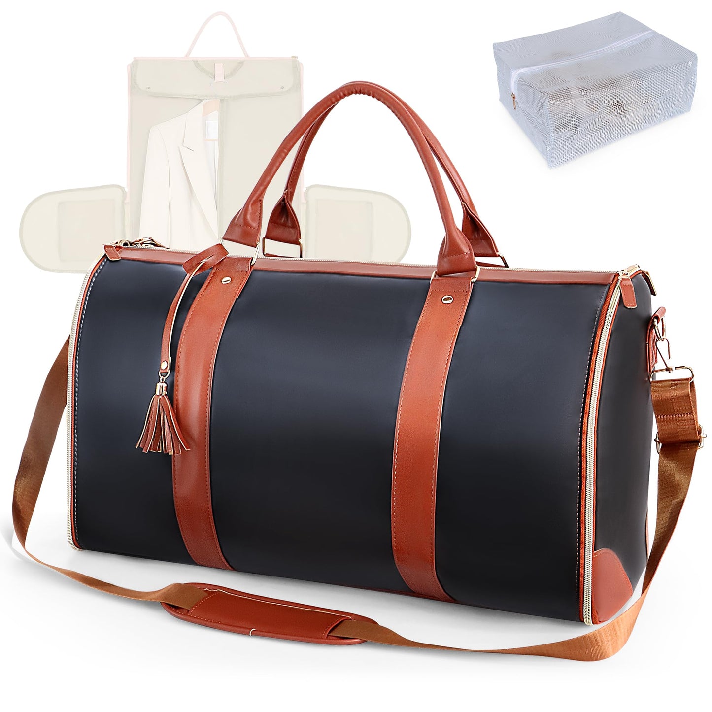 Convertible Garment Duffle Bag for Travel, Carry On Garment Bag with Shoe Pouch, PU Leather, 2 in 1 Hanging Suit Travel Bags Large Weekender Overnight Bags for Women Men (Black)