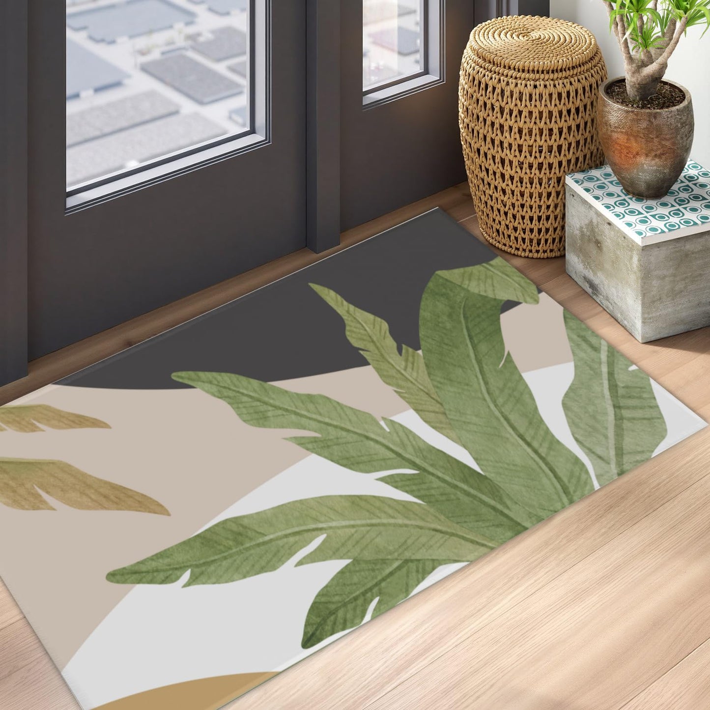 Kwlegh Tropical Area Rug Hawaiian Plant Leaf Carpet Sage Green Palm Tree Washable Entry Rug Jungle Outdoor Front Door Mat 24x35 Inch Absorbent Non-Slip Throw Rugs for Bathroom Kitchen