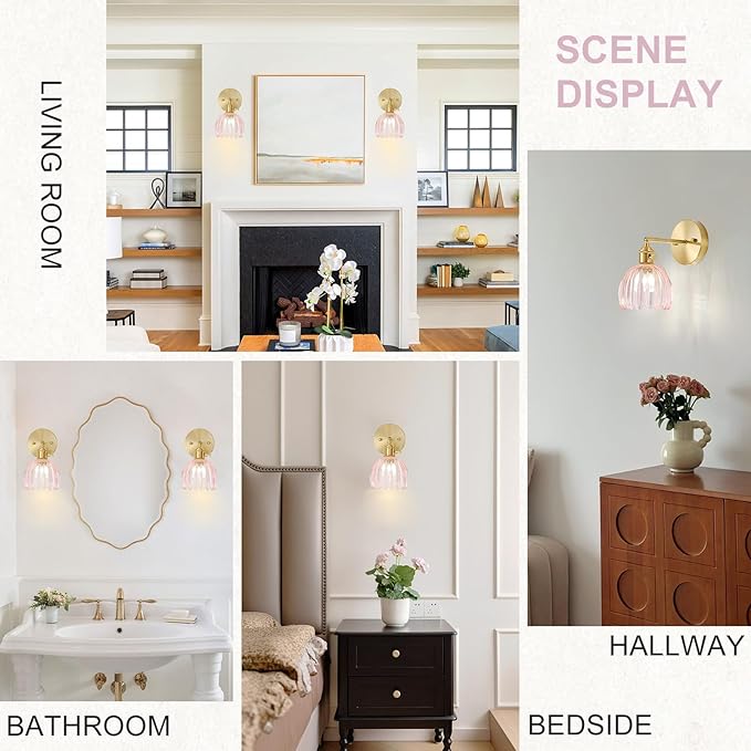 Wall Sconces Set of Two Hardwired, Vintage Sconce Light with Tulip Pink Glass Lampshade, Bathroom Wall Lights with Switch, Gold Wall Light Sconces Wall Decor Set of 2