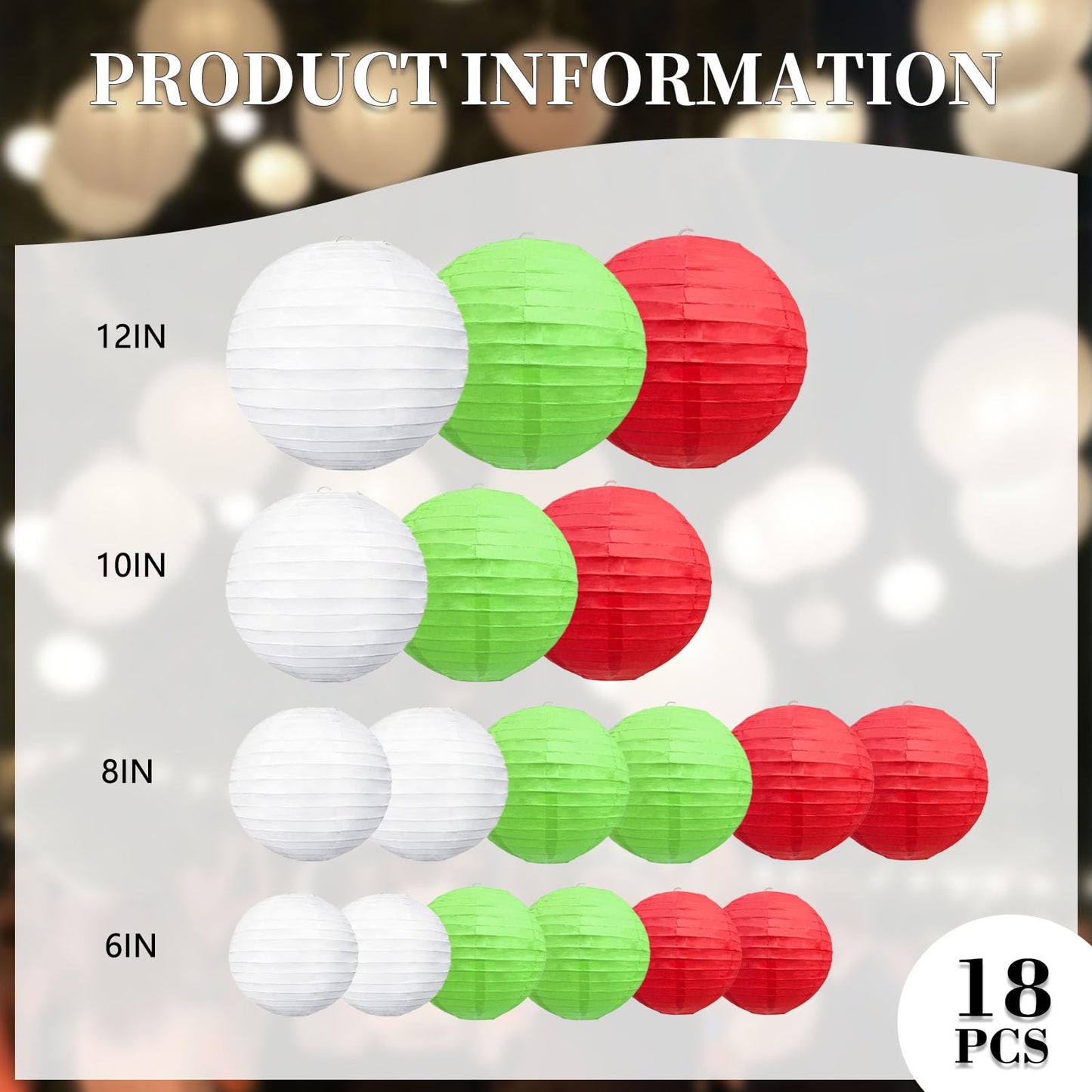 20Pcs Green Red White Paper Lanterns for Parties, 6” 8” 10” 12” Chinese Asian Hanging Round Paper Lanterns for Birthday Wedding Halloween Christmas Home Decor Party Decor