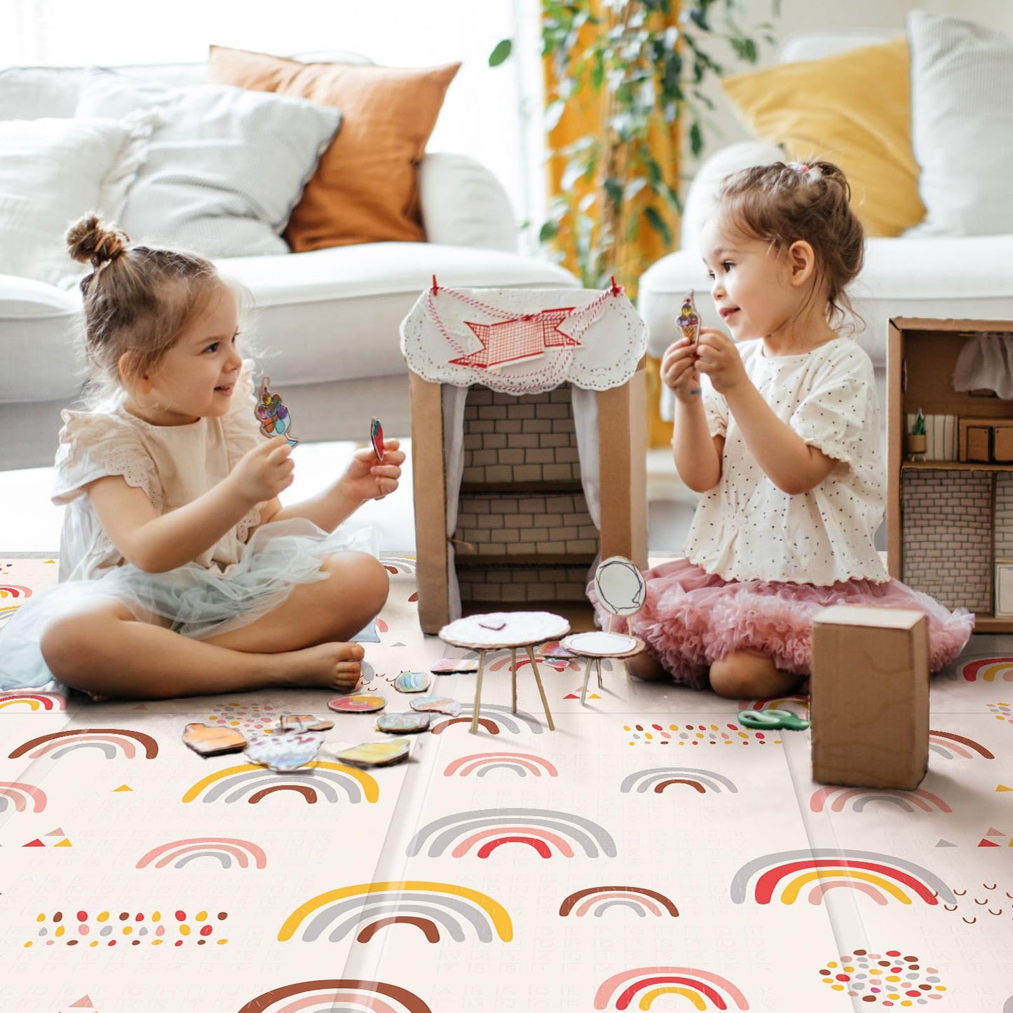 Foldable Baby Play Mat, PIGLOG Waterproof Playmats for Babies and Toddlers Kids, Safe Foam Playmat for Tummy Time, 50x50 Playpen Mat, Reversible Portable Baby Floor Mat for Infant, Toddler(Rainbow)