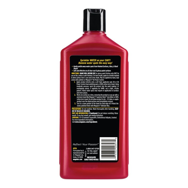 Meguiar's Water Spot Remover, Heavy Duty Water Spot Remover for Cars, Remove Water Stains and Polish Glossy Paint with a Versatile Clear Coat Safe Formula, 16 oz