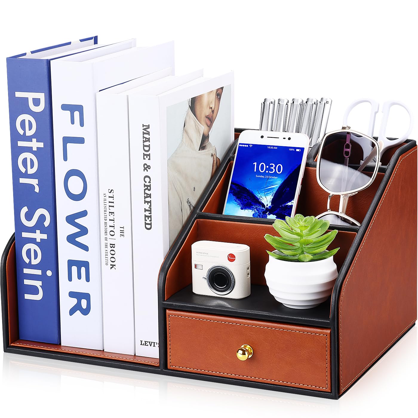 GORESE PU Leather Desk Organizer with Magazine File holder, Drawer and 4 Compartments, Office Workspace Organizers and Accessories, Large Desktop Organization with File Rack Pen Holder - Tan Brown