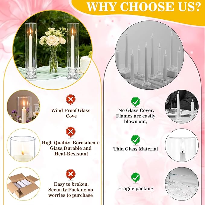 6 Set Hurricane Glass Candlestick Holders 12.6" Two Side Open Glass Candle Holders and 2.2" Taper Candlesticks Holder Bulk for Table Centerpiece Wedding Christmas Home Decor