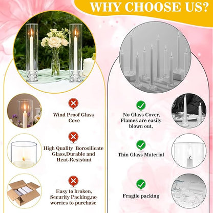 6 Set Hurricane Glass Candlestick Holders 12.6" Two Side Open Glass Candle Holders and 2.2" Taper Candlesticks Holder Bulk for Table Centerpiece Wedding Christmas Home Decor