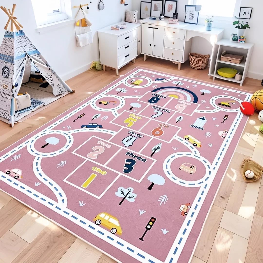 Abeigoi Play Mat Area Rug 5'x8' Pink, Extra Large Hopscotch Carpet for Kids Girls Bedroom Soft Classroom Rug Educational Learning Rug Children Rug
