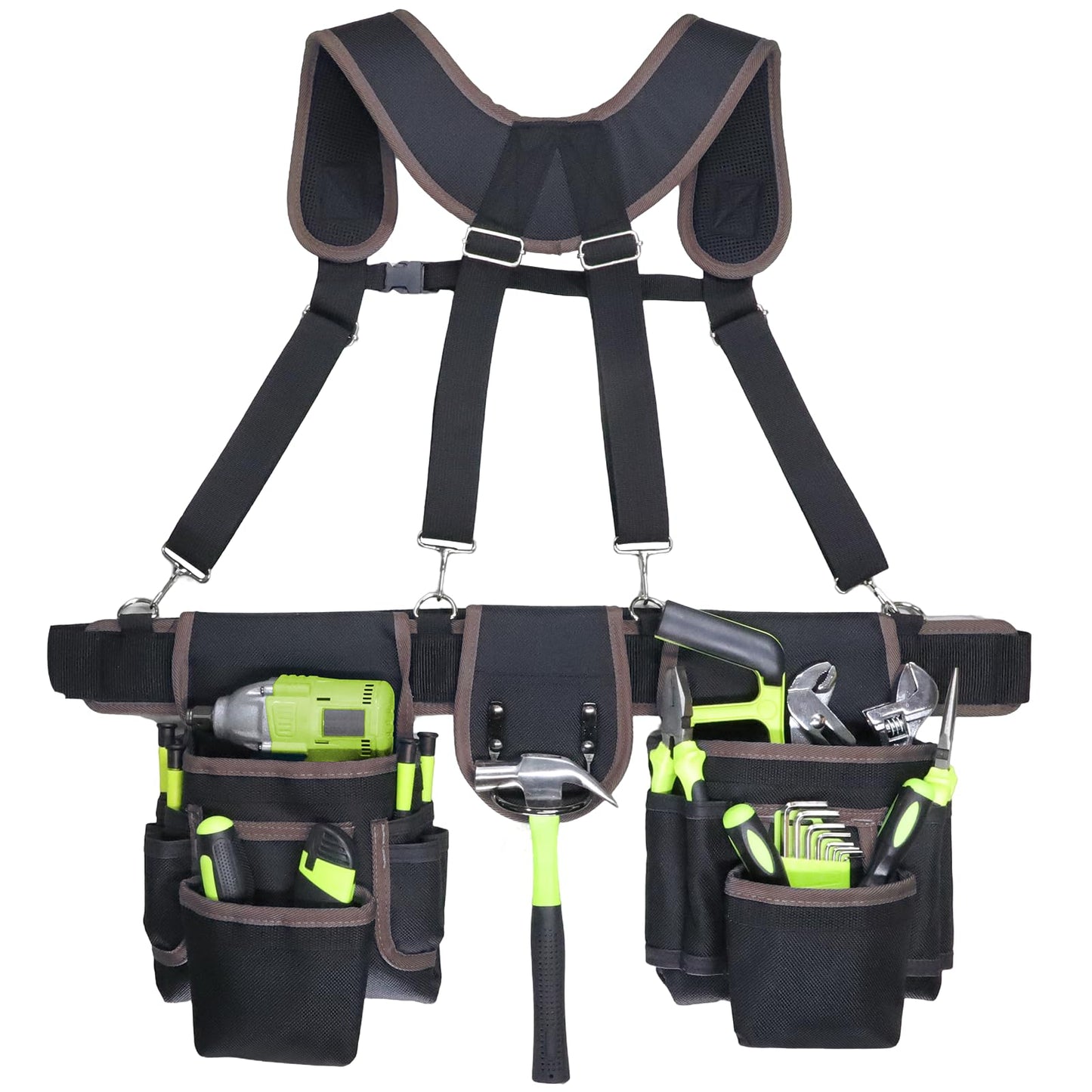 Tool Belt for Men, 32 to 66 Inches Adjustable Waist, Electrician and Carpenter Tool Belt with Suspenders for Construction and Gardening, Black and Brown, Oxford Fabric