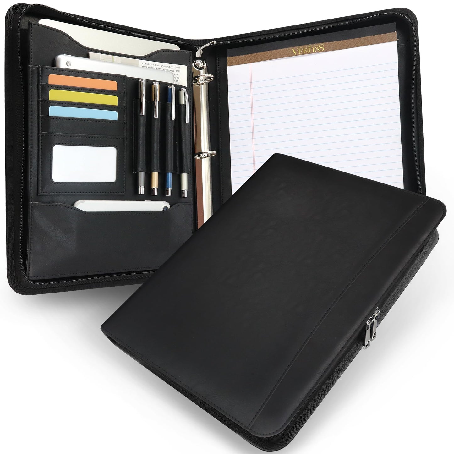FORTAVEM Faux Leather Zippered Padfolio with 3 Ring Binder, Executive Portfolio Organizer Binder, Fits 13.9" Laptop/Tablet, Refillable Writing Pad Pocket, Black