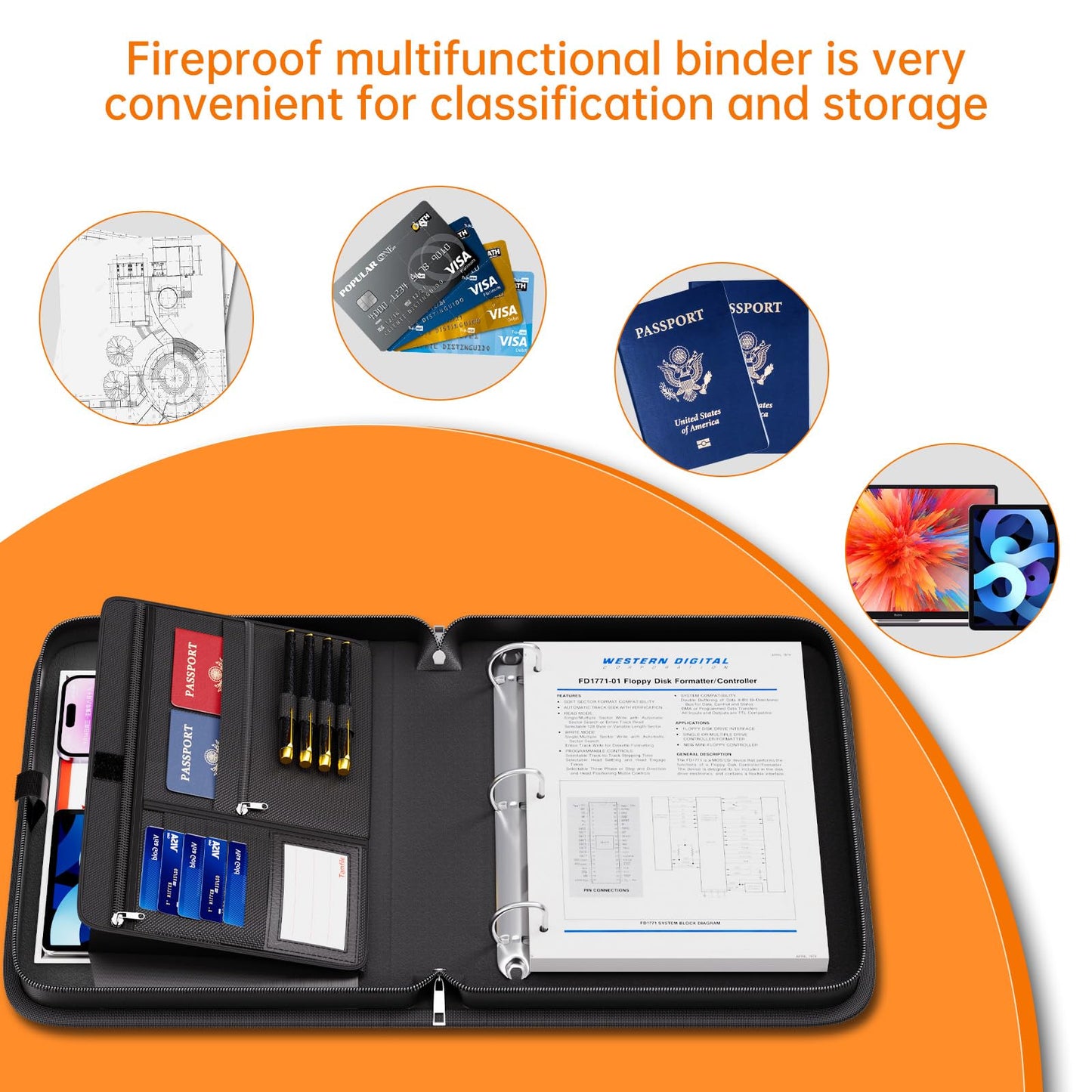 Tamfile Fireproof 3 Ring Binder with Zipper, 1.5 Inch D Ring Binder Hold Up 375 Sheets of 8.5"x11" A4 Paper, Portable Safe Storage with Large Pockets, Important File Storage for A4 Files (Black)