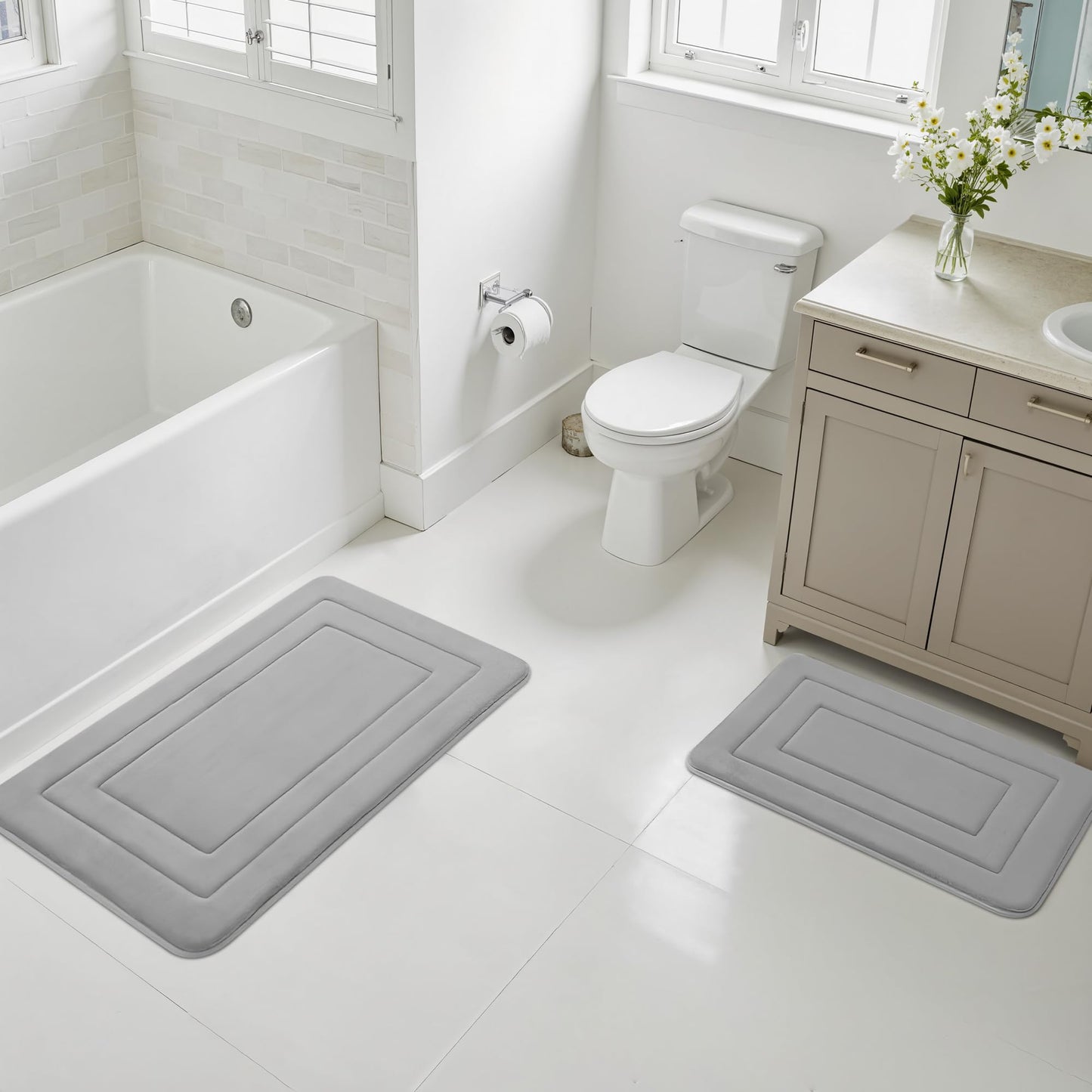 Cupic Cupid Super Soft Memory Foam Bath Mats for Bathroom Floor Shower & Tub, Grey Bathroom Rugs Non Slip Washable, Water Absorbent Bath Rugs, Quick Dry Bath Carpet for Decor 24" x 16"