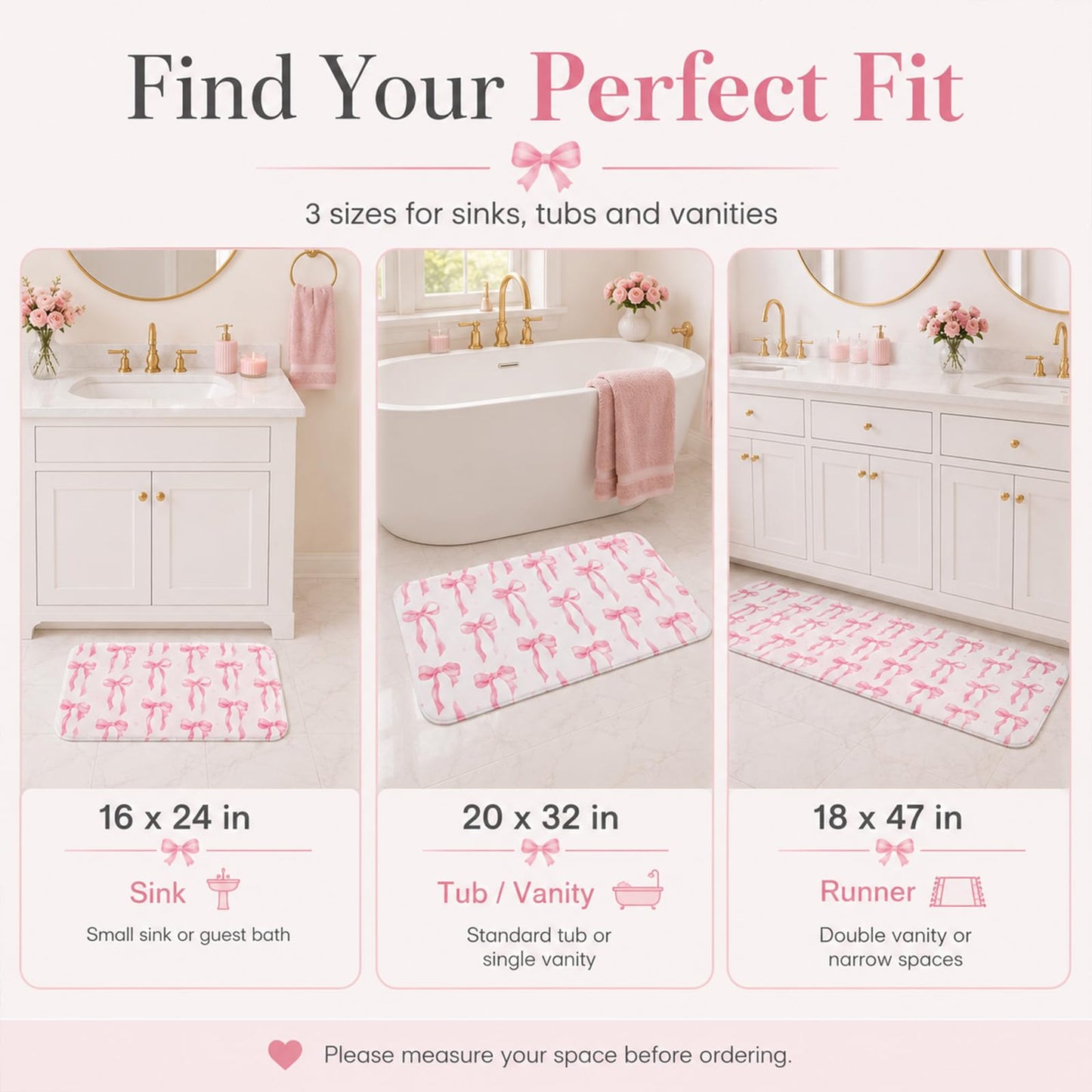 HAIWAOO Memory Foam Bath Mat with Pink Bow Pattern, Comfortable, Soft, Non-Slip, Super Absorbent, Quick Drying Bath Rug for Bathroom,Floor, Tub & Shower, Machine Washable (32INX20IN, Bow)