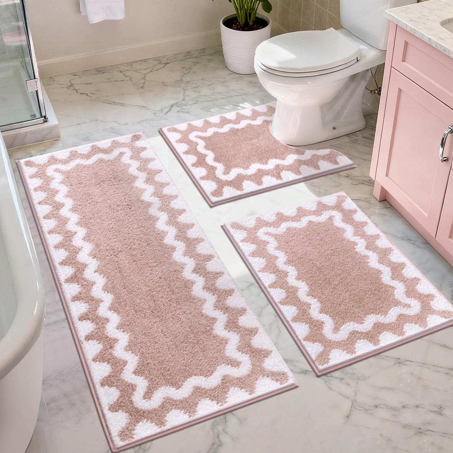 Findosom Scalloped Bathroom Rugs Sets 3 Piece, Absorbent Soft Non-Slip Washable Microfiber Shaggy Bath Mat Set with Bathroom Runner Rug, U-Shaped Toilet Rugs, Shower Rug, Pink-White