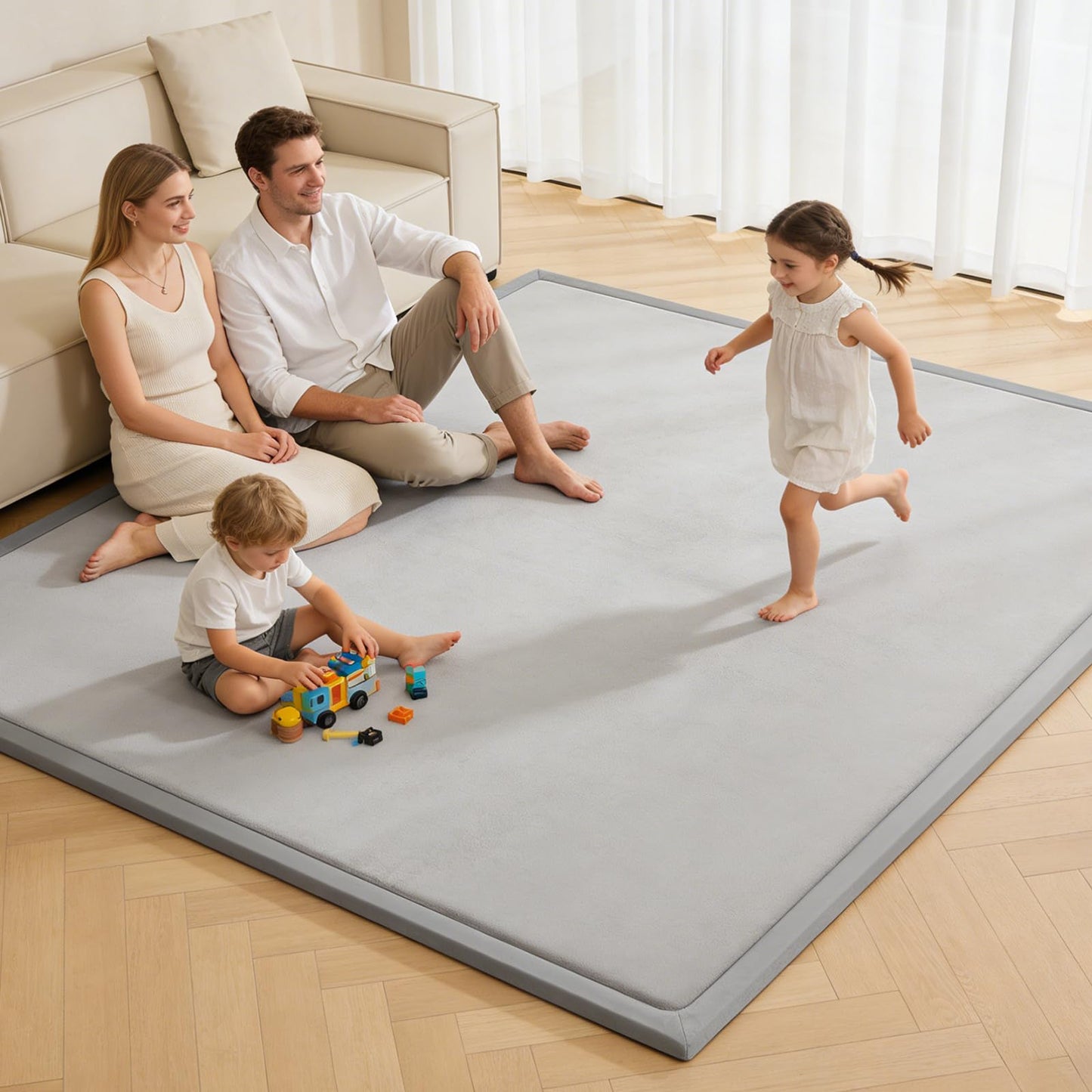 TreeBud Baby Play Mat for Floor, 1.3 Inch Thick Memory Foam Tummy Time Mats with Non Slip Backing, Soft Coral Velvet 50×50 Inch Playpen Mat Crawling Tatami for Infants Toddlers Kids, Light Grey