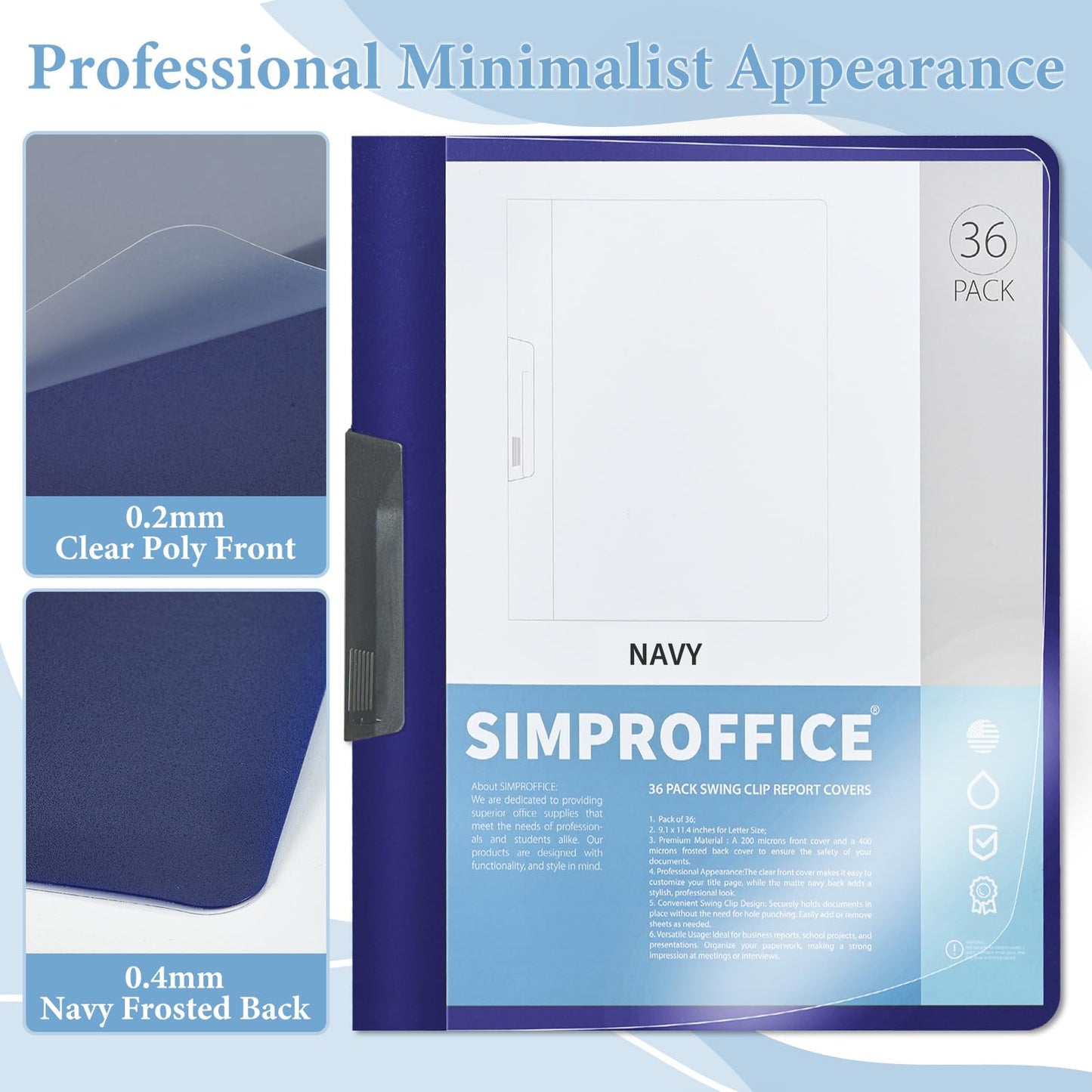 SIMPROFFICE 36 Pack Swing Clip Report Covers, Plastic Presentation Folders with Clip for Professional Use, Clear Front and Navy Blue Frosted Back, 9 x 11.4 Inches for Letter Size