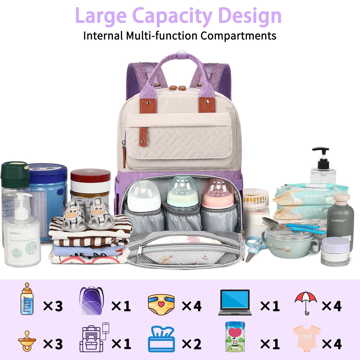 Diaper Bag Backpack, Large Unisex Baby Bags for Boys Girls, Purple Baby Nappy Diaper Bag, Multipurpose Travel Back Pack for Moms Dads with Insulated Pockets and Stroller Straps