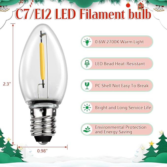 Accessory Cord with LED Light Bulb 16.2ft, 10 LED Light Bulb C7 Light Cord Clip Christmas Village Lights Blow Mold Light Cord for Halloween, Christmas Village Houses, Craft Projects