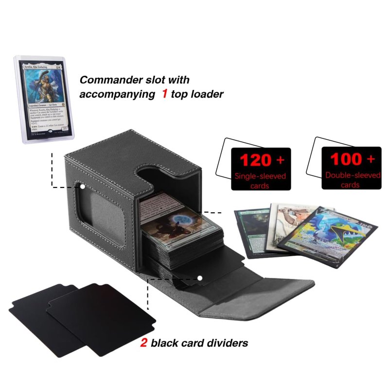 Venssu MTG Deck Box With Slot For Commander Display, Patented Design, Fits 100+ Double /120+ Single Sleeved Cards, With 2 Dividers And 1 Toploader,Compatible with board game TCG CCG (Black＆Grey)