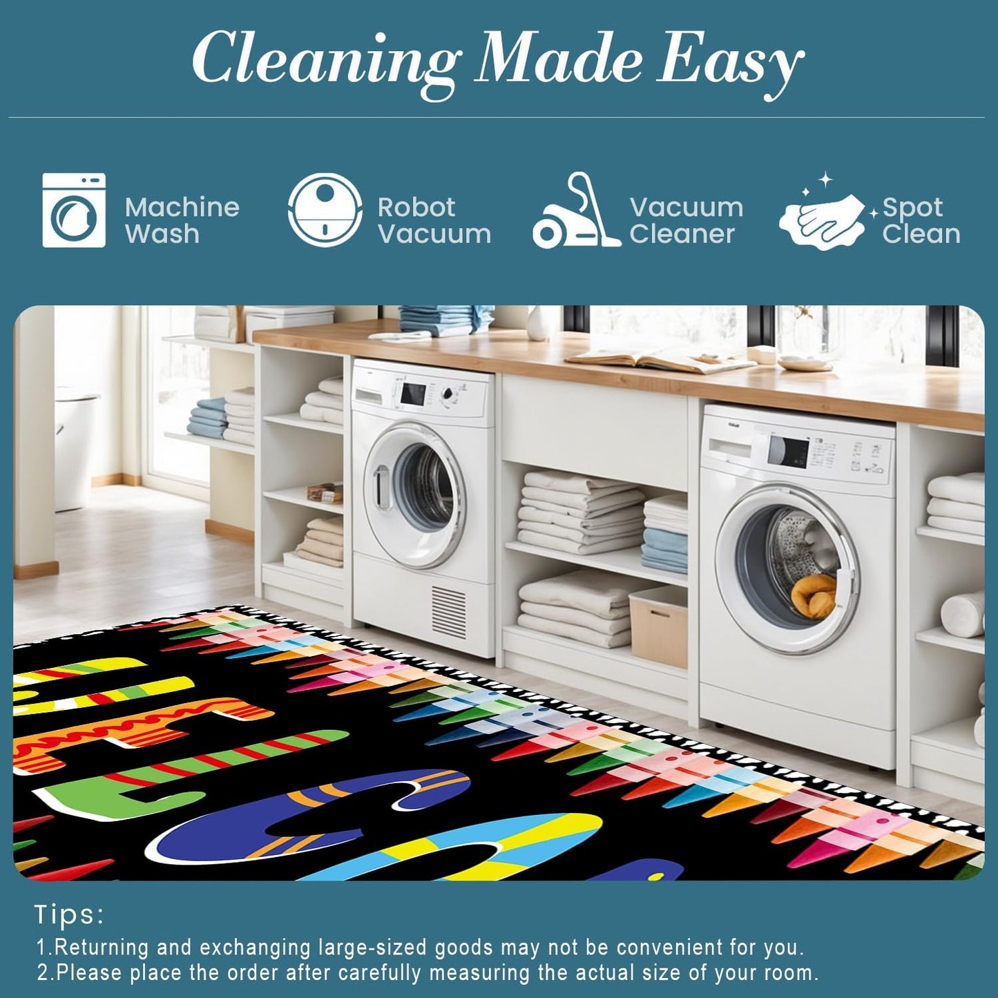 Colorful Kids Rugs for Bedroom, 2x6ft, Cartoon Vibrant ABC Welcome Crayons Back to School Runner Rug, Non Slip Lightweight Cute Rainbow Carpet for Preschools Elementary Schools