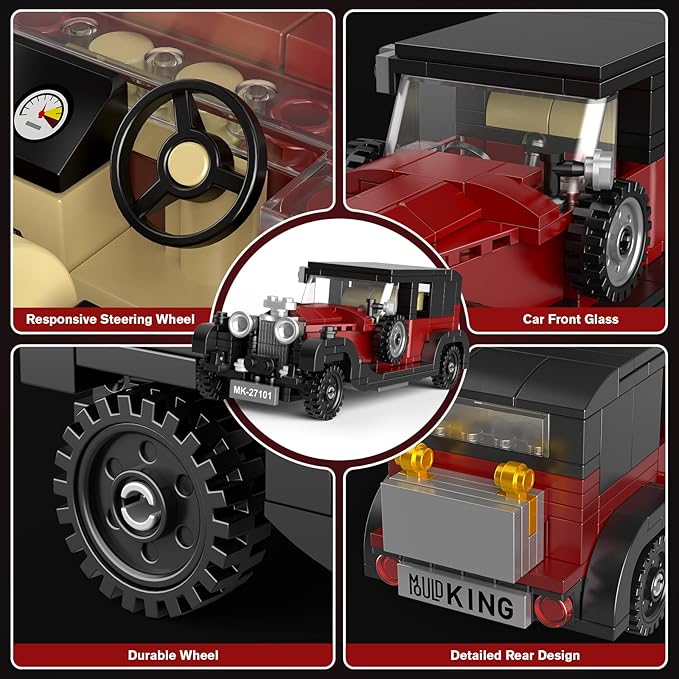 Mould King 27101 Vintage Car Building Sets 319+ Pcs MOC Racing Car Building Kit with Display Case Collectible Vehicle Model Building Blocks Toy for Boys/Teens/Adult