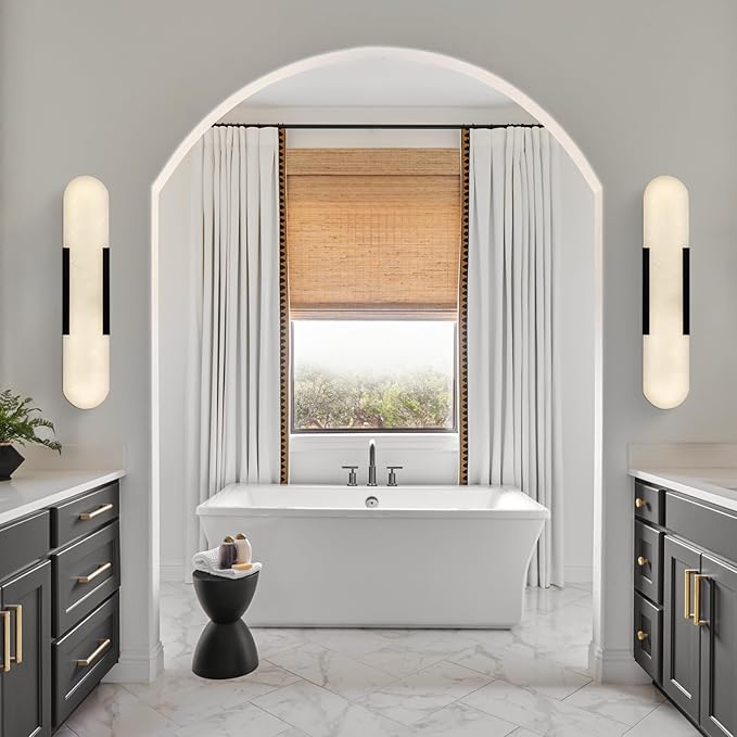 Alabaster Wall Sconces Set of 2,19.7'' Brass Wall Sconce Natural Marble Wall Sconce for Bathroom, Indoor Modern Wall Light Fixtures for Living Room Hallway Stairs Vanity Bedside, Black