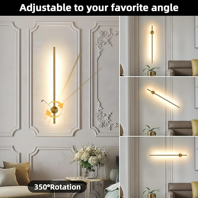 Battery Operated Wall Sconce USB Rechargeable Sconces, 23.6" Brushed Gold Wireless Wall lamp Set of 2, 3000K-6000K & Dimming with Remote Control, LED Wall Lights for Living Room, Bedroom