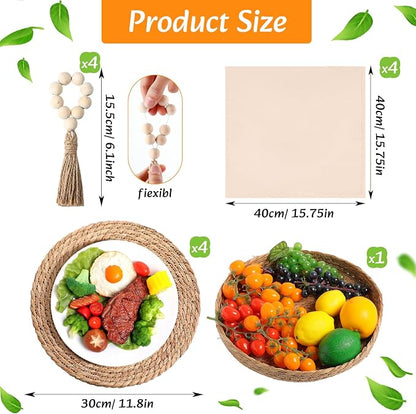4 Sets Boho Decoration Placemats Round Woven Placemats, Cloth Napkins, Wood Bead Napkin Rings, Long Table Runner and Farmhouse Burlap Cotton for Table Kitchen (Caramel,12x72)
