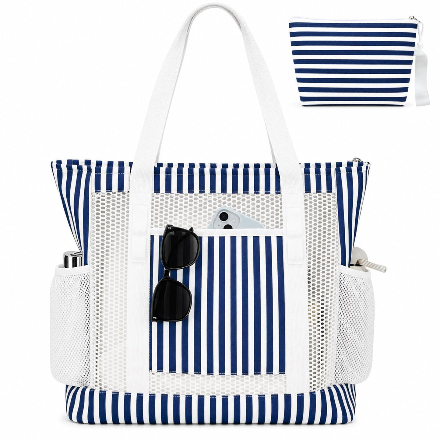 MIAOJIE Mesh Beach Tote Bags for Women Corduroy Tote Bag Sandproof Mesh Beach Bag With Zipper Pocket Pool Bag for Weekender Travel Cruise Swim -Blue Stripes