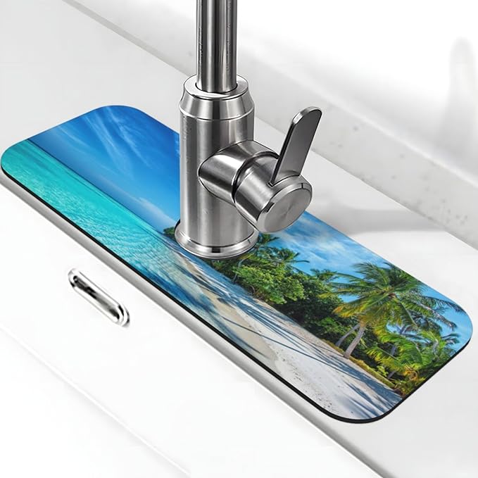 Beach Tropical Palm Tree Waves Travel Island Kitchen Sink Splash Guard Faucet