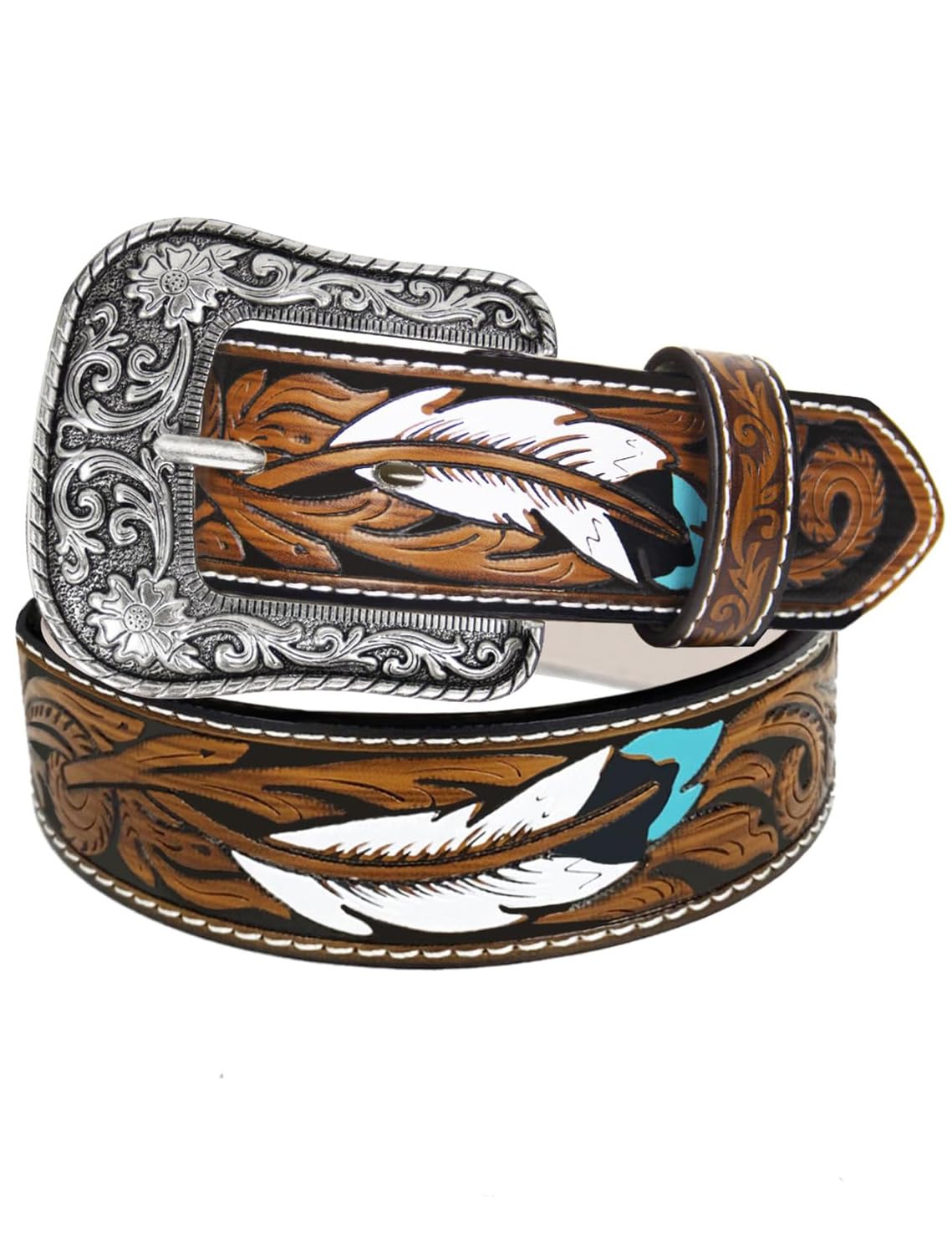TOPACC Western Belts for Women Men with Buckle Cowgirl Cowboy Rodeo Brown Tooled leather belts for Jeans Dresses Country Outfit