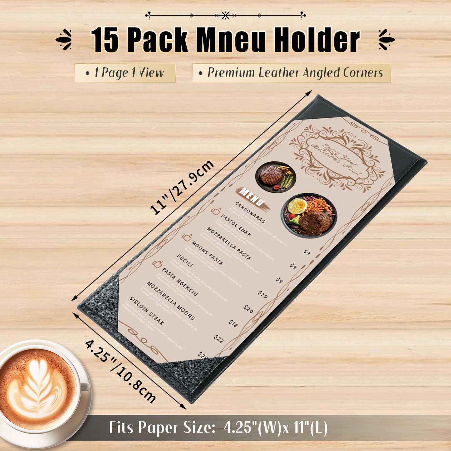 FLKQC 15 Pack Restaurant Menu Covers Holders 4.25" X 11", Single View Synthetic Leather Menu Holder Covers Book Style with Angled Corners Black for Wine List, Morning Menu, Wine Menu (15, 1 Page)
