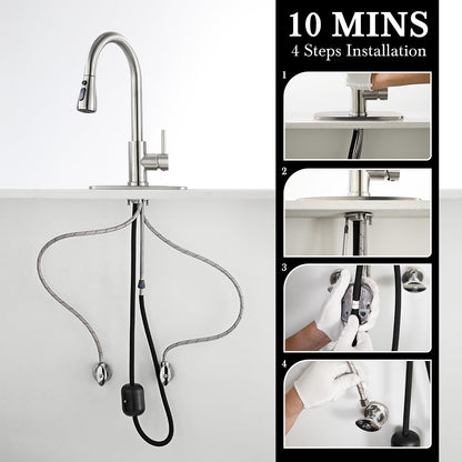Ibergrif Kitchen Faucets with Pull Down Sprayer, Single Handle High Arc Brushed Nickel Stainless Steel 1 or 3 Hole Kitchen Sink Faucet with Deck for RV Laundry Farmhouse Bar