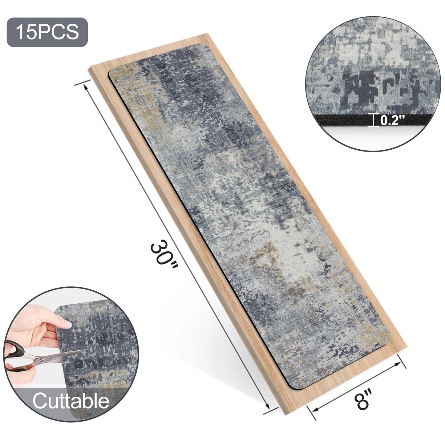 Tiveney Stair Treads Non Slip for Wooden Steps, 15PCS 8"x30" Grey Rubber Backing Stair Runner Mats, Washable Reusable Carpet for Stairs Rugs Indoor Safety Staircase Step Treads for Kids Elders Dogs