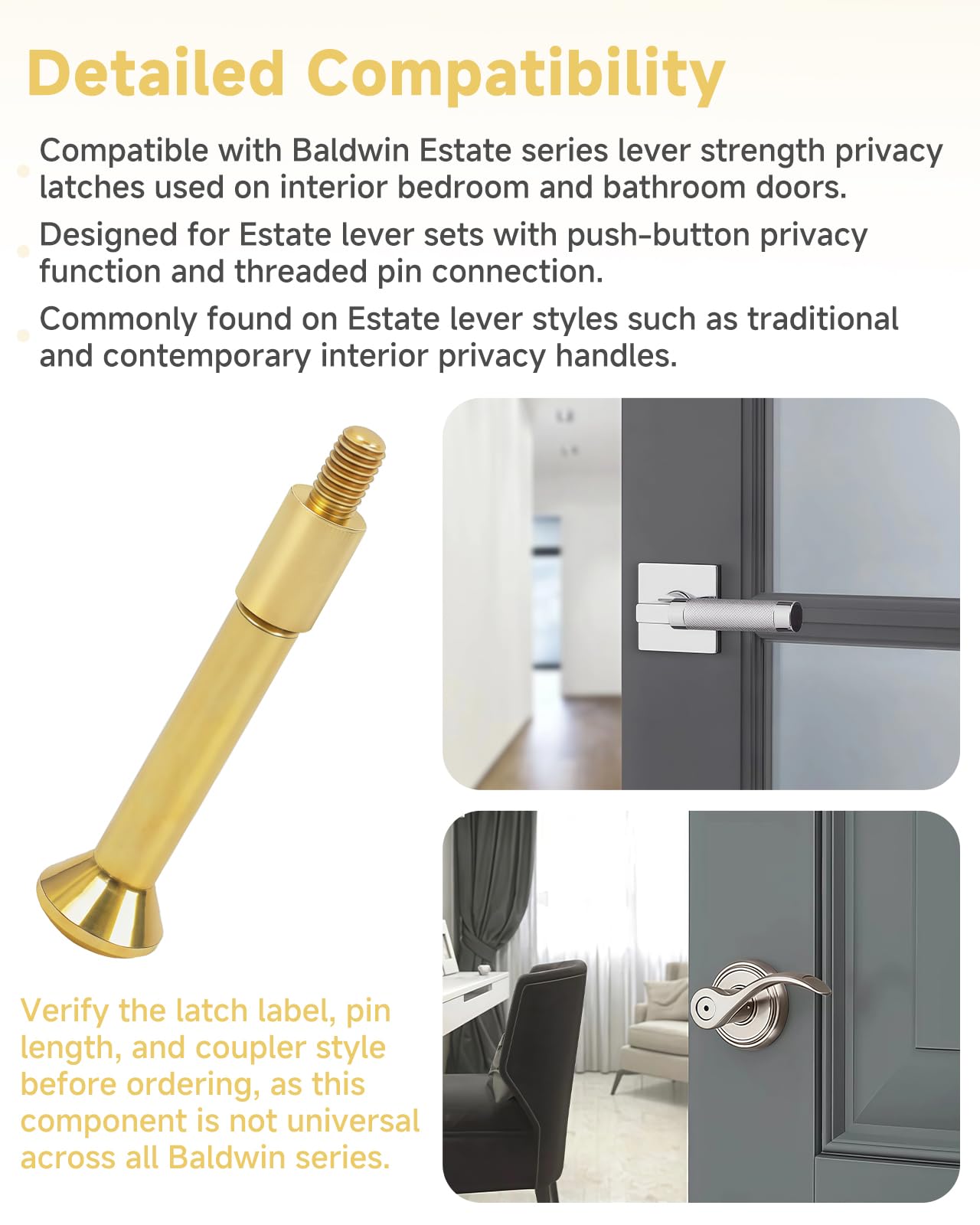 5513.0030 Privacy Pin Replacement Compatible with Baldwin Estate Lever Privacy Latch Door Lock Threaded Push Pin with Coupler Polished Brass 1 Set