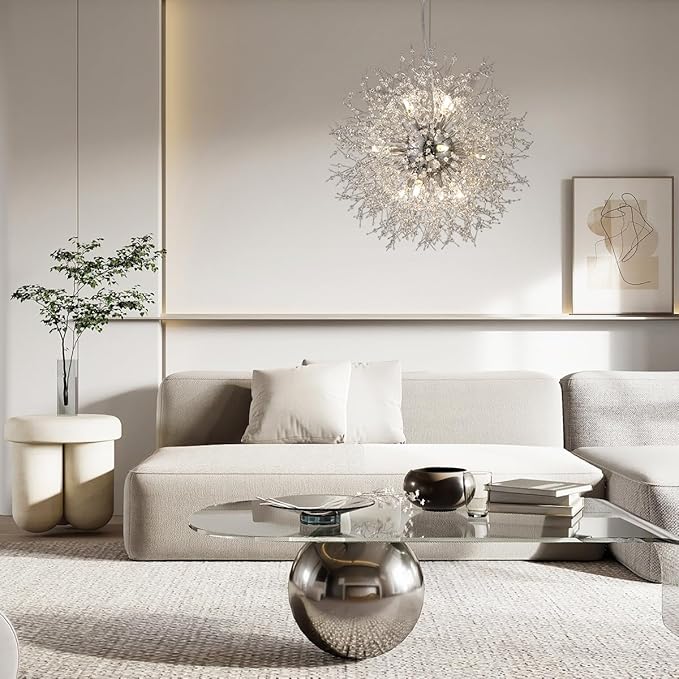 Firework Modern Chandeliers, 12 Lights Crystal Sputnik Chandeliers for Entryway, Dandelion Chandelier Chrome Ceiling Light Fixture for Hallway, Living Room