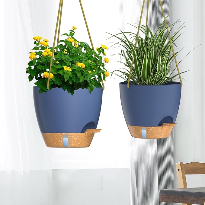 ZMTECH 10 Inch Hanging Planters for Indoor Plants & Outdoor - 2 Pack Self-Watering Hanging Pots with Drainage Holes, Visual Reservoir, Plastic Hanging Baskets Flower Pots with Removable Saucer, Blue