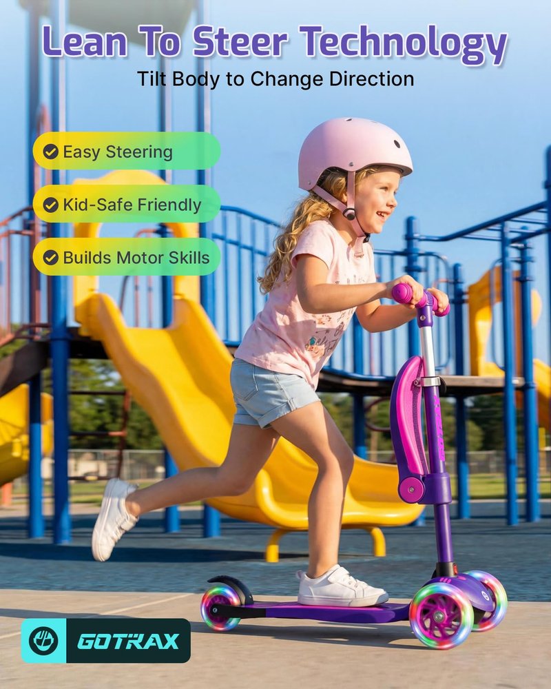 Gotrax KS3 Kids Kick Scooter, LED Lighted Wheels, Adjustable Height Handlebars and Removable Seat, Lean-to-Steer & Widen Anti-Slip Deck, 3 Wheel Scooter for kids Ages 2-8 and up to 100 Lbs (Purple)