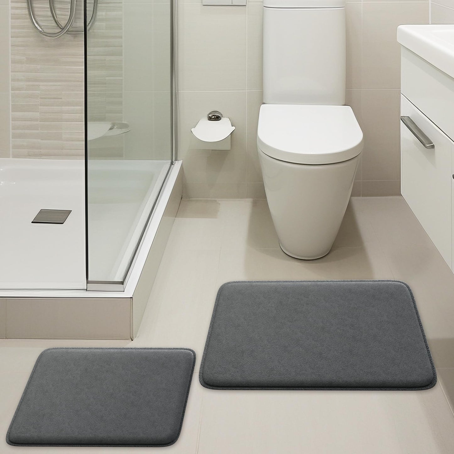 Elvoki 2-Piece Bathroom Rug Set - Memory Foam Bath Mats, Ultra-Soft, Water Absorbent, Machine Washable Charcoal Bathroom Rugs