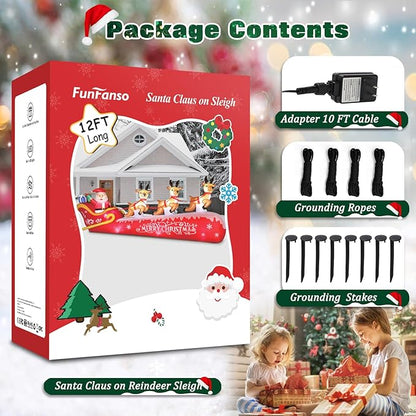 FunFanso 12FT Christmas Inflatable Santa Claus on Sleigh with 3 Reindeers Outdoor Decorations, Giant Christmas Blow Up Yard Decorations with Bright LED Lights for Lawn Street Garden Xmas Holiday Party