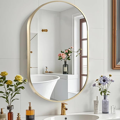 26x38 inch Oval Bathroom Mirror, Gold Vanity Wall Mirror with Brushed Metal Frame, Oval Mirrors for Bathroom, Entryway, Over Sink, Living Room