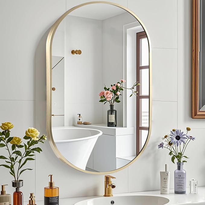 17x30 inch Oval Bathroom Mirror, Gold Vanity Wall Mirror with Brushed Metal Frame, Oval Mirrors for Bathroom, Entryway, Over Sink, Living Room