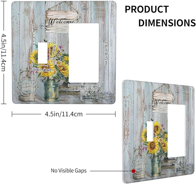 Sunflower Vintage Barn Wooden 2 Gang Light Switch Covers Sun floral Single Toggle Rocker Combo Wall Plate Electrical Faceplate Decorative Switchplate Farmhouse Home Livingroom Decor