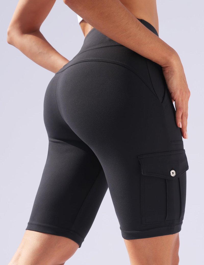 VOOVEEYA High Waisted Workout Biker Shorts Women Tummy Control Yoga Running Shorts with Cargo Pockets Gym Athletic Shorts (Black-L)