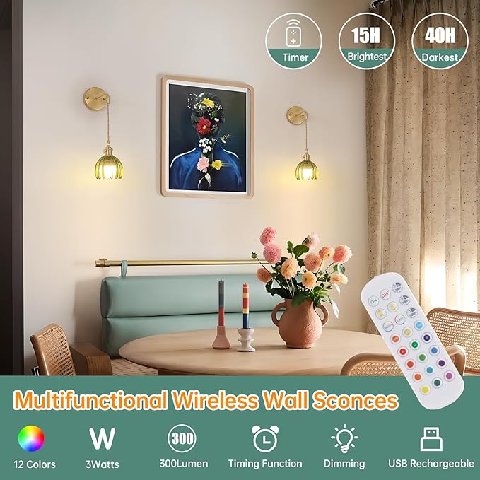 Battery Operated Wall Sconce with Green Tulip Shade Pattern Glass Adjustable Chain Retro Gold Wall Mounted Light, Modern Wall Lamp Fixtures Decor for Bedside Bedroom Indoor Doorway