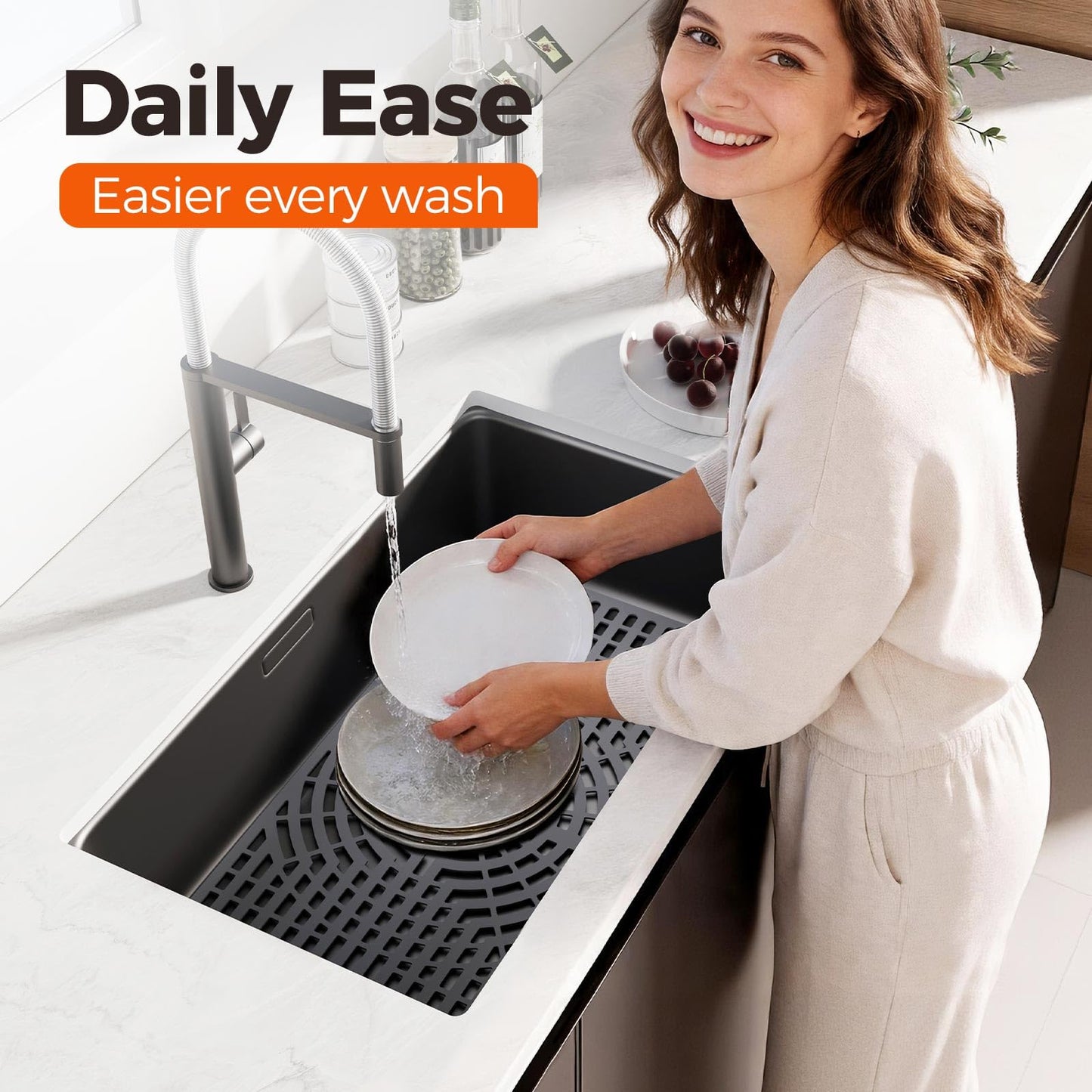 Snuggery Silicone Sink Protector 28"x15" Center Drain Hole, Heat Resistant Non-slip Dishwasher Suitable, Large Mat for Bottom of Farmhouse Kitchen Stainless Steel Sink(Grey)
