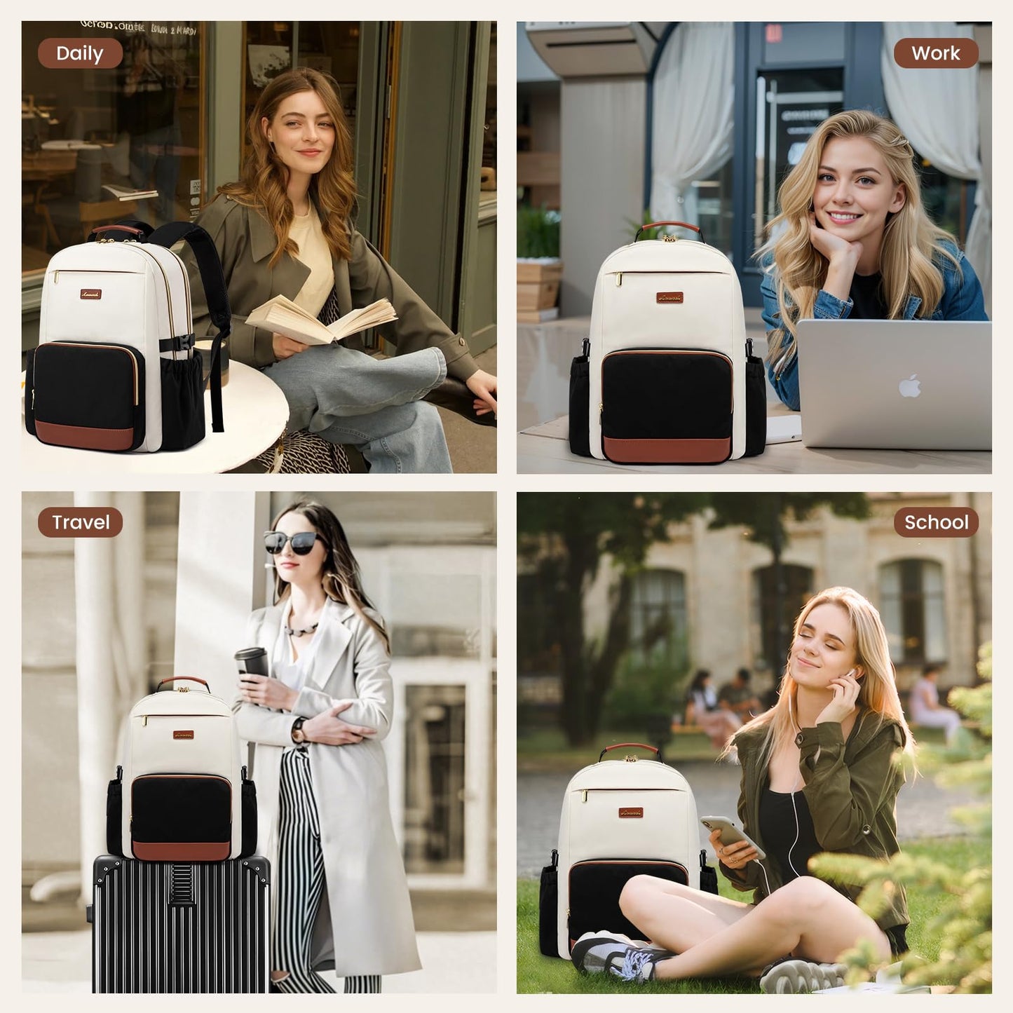 LOVEVOOK Laptop Backpack for Women with Pouch Pocket for Large Capacity Cup,17 Inch Laptop Computer Bag Travel Backpack Purse,Waterproof Work Business Backpack College Teacher Bags,Beige-Black-Brown