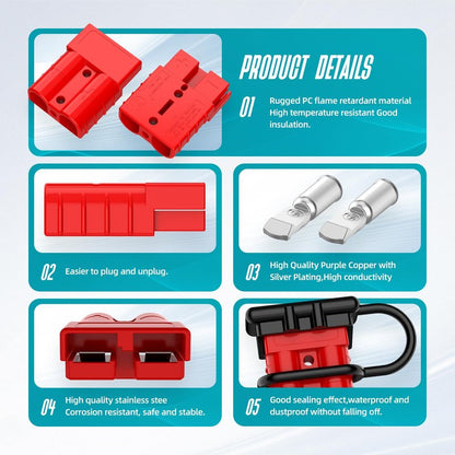 Hilictokt Anderson Connector 50A, 6AWG - 12AWG Battery Quick Connect 12V-36V Anderson Plug Winch Wiring Kit for Winch, RV, Truck & Marine Applications (2-Pack) -Red