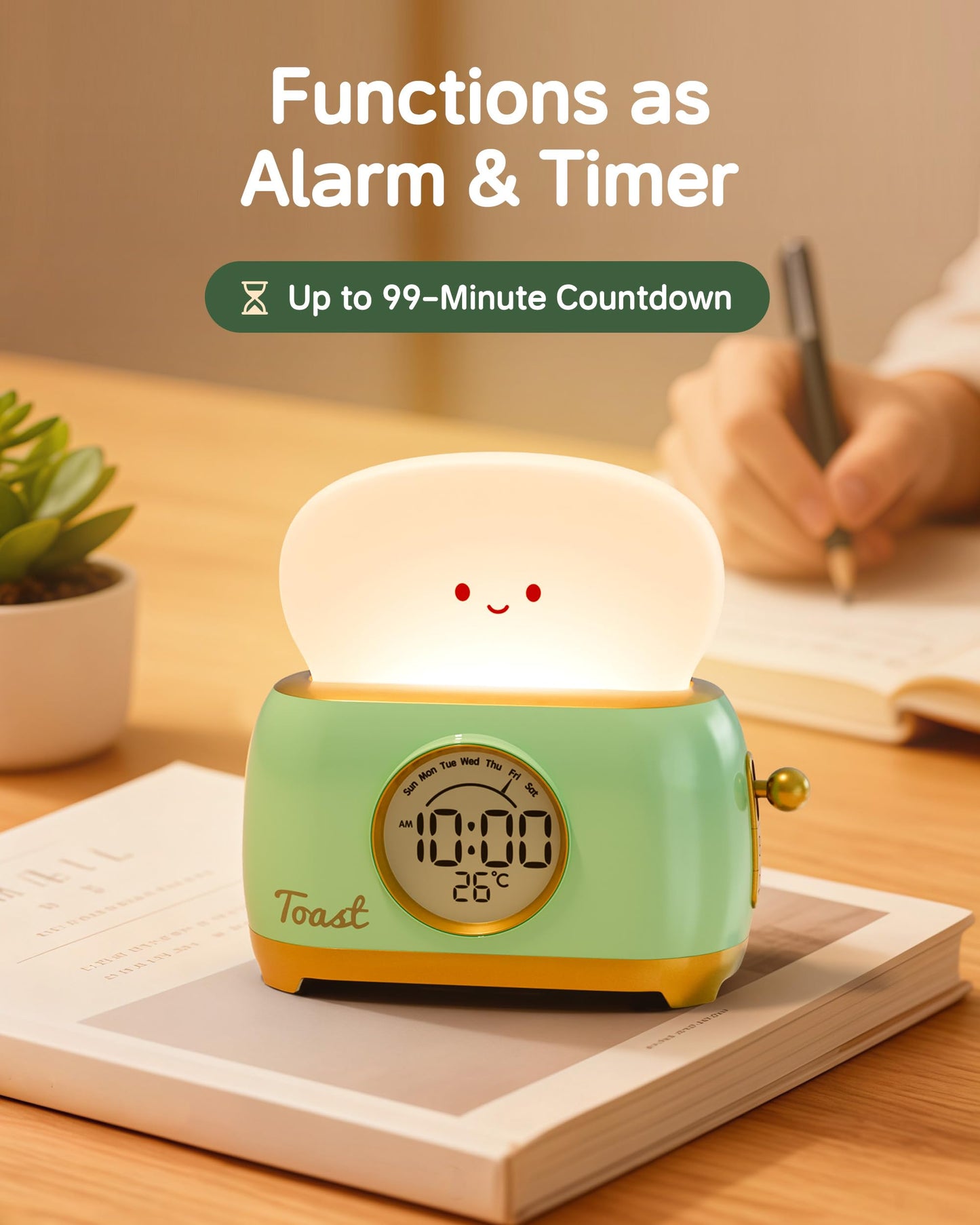 Aokpsrt Alarm Clock for Kids, Cute Toast Night Light Alarm Clocks for Bedrooms, Dimming Rechargeable Small Led Desk Clock with Snooze & Countdown for Room Decor, Bedside Clock for Teen Girls Boys